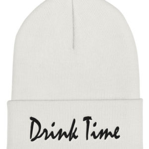 Drink Time Black Cursive Embroidered Cuffed Beanie