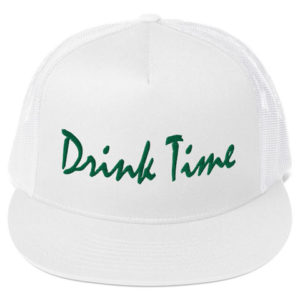 Drink Time Flat Bill Mesh Trucker Cap Kelly Green Cursive Embroidery